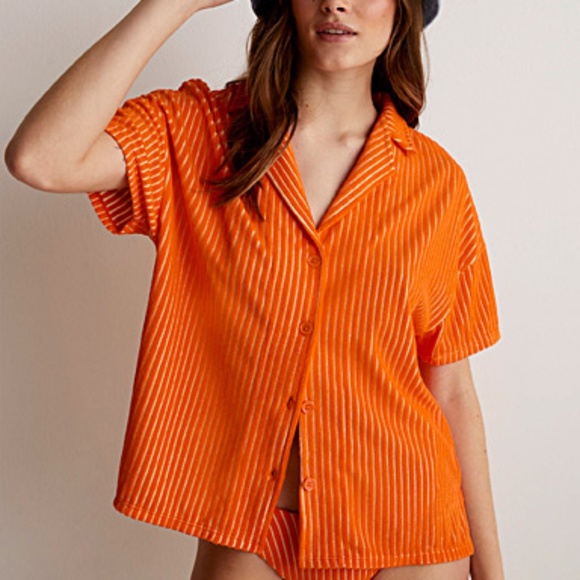 Orange terry short sleeve button up shirt NWT - Picture 1 of 9